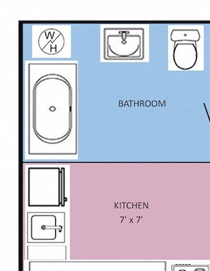 Studio-CSP Studio apartment floor plan with kitchen, bathroom, and two closets